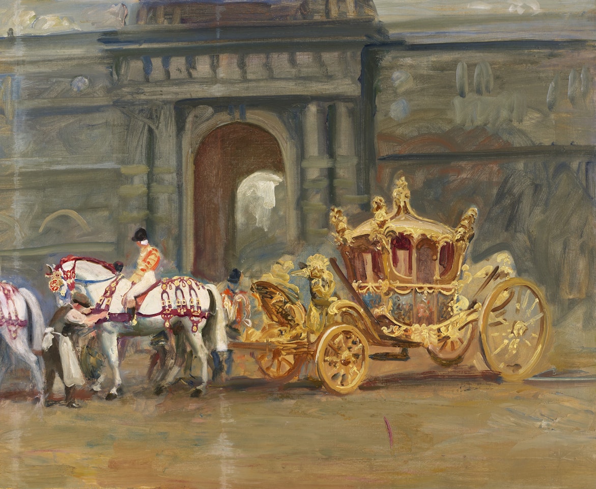The Gold State Coach at the Royal Mews by Alfred James Munnings