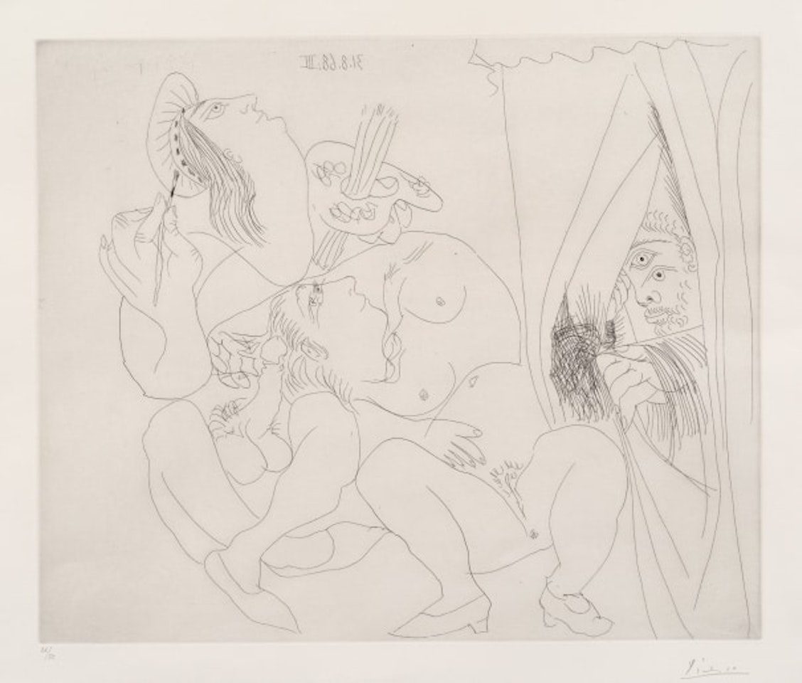 Raphaël et la Fornarina V: avec voyeur écartant le rideau (Raphael and Fornarina, With Voyeur Pulling Back the Curtain), pl. 300, from 347 Series (Bl. 1780, Ba. 1797) by Pablo Picasso