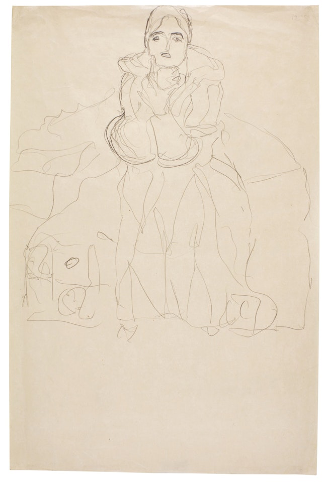 Sitzend von vorne, mit aufgestütztem Kinn (Seated Figure Head-On, Supporting her Chin) by Gustav Klimt
