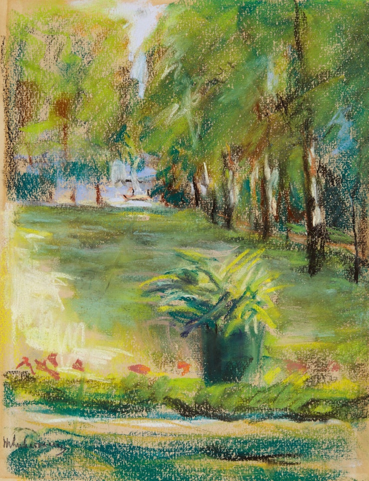 Des Künstlers Garten von der Terrasse nach Osten gesehen mit Blick auf die Birkenallee und den Wannsee (The Artist's Garden Seen to the East from the Terrace with a View of the Birch Avenue and the Wannsee) by Max Liebermann