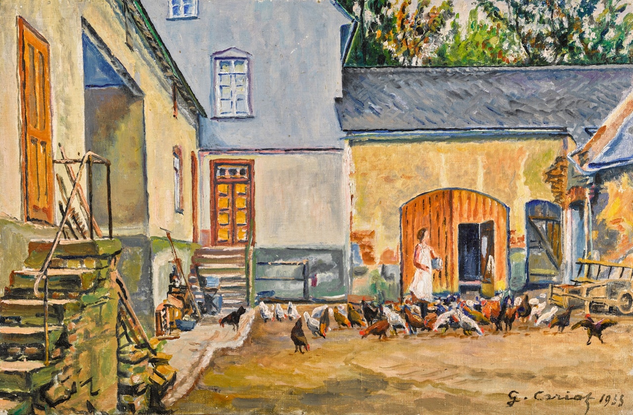 La cour à Müller, Frieda et ses poules by Gustave Cariot