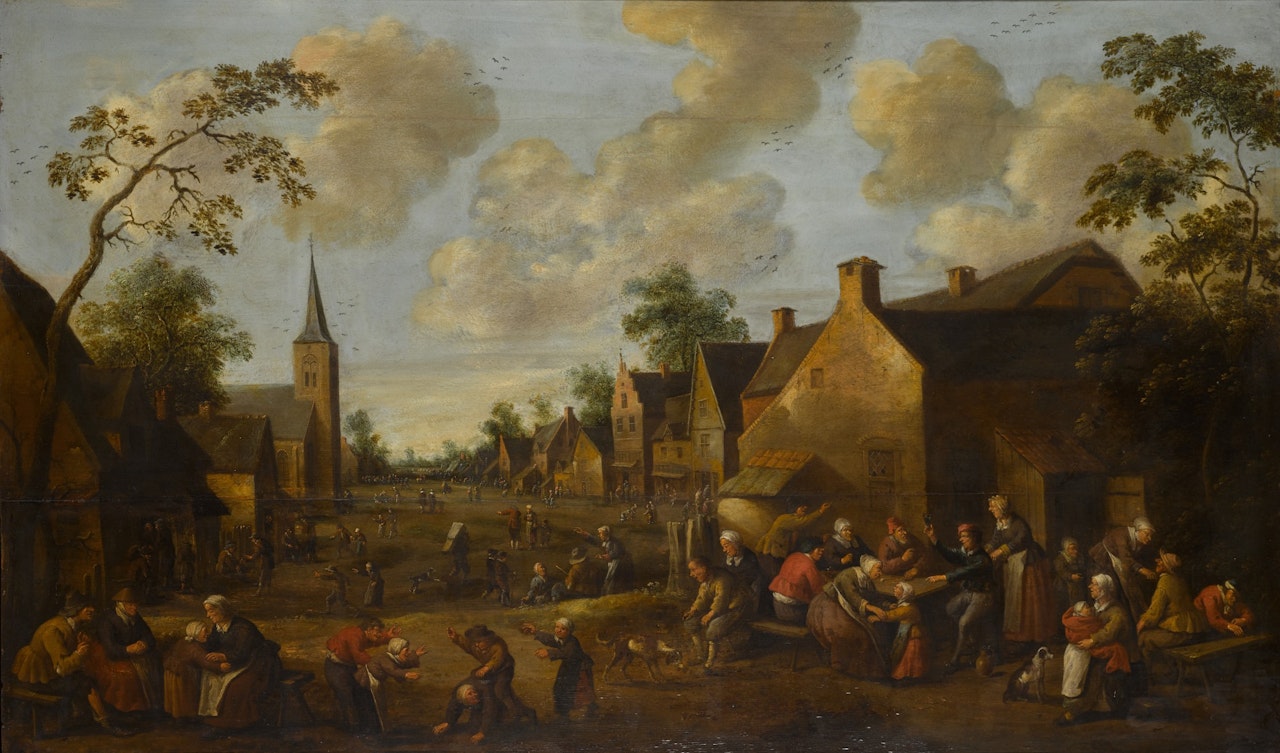 A village street scene with children playing in the foreground and figures drinking by Joost Cornelisz Droochsloot