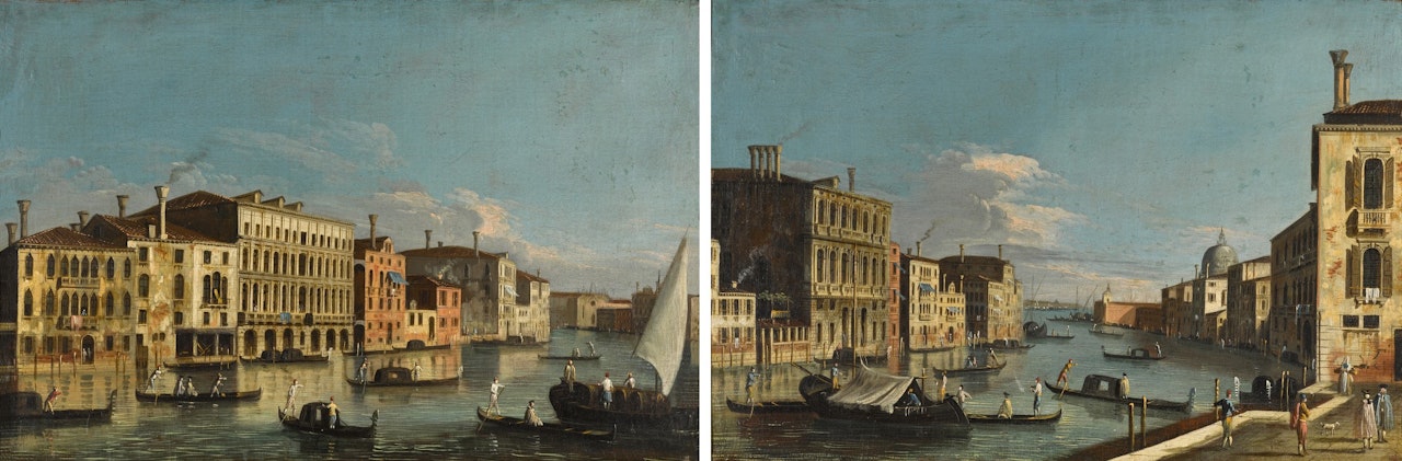Venice, a view of the Grand Canal looking south from the Palazzo Da Lezze towards Santa Maria della Carità; Venice, a view of the Grand Canal from the quay of San Vio, looking towards Santa Maria Della Salute  by Apollonio Domenichini