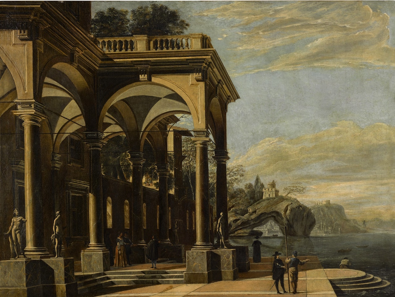 An architectural capriccio with figures by a colonnaded portico, a castle on a sea arch and coastal village beyond by Viviano Codazzi