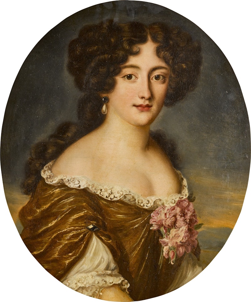 Portrait of Ortensia Mancini, duchessa di Mazzarino (1646–1699), half-length, wearing a lace-trimmed gold dress, with pink blooms at her breast by Jacob Ferdinand Voet