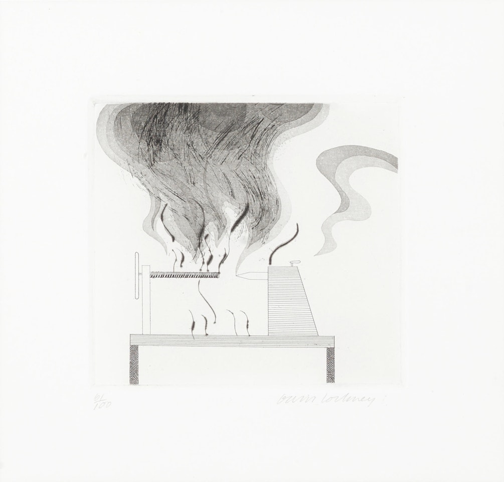 The Lathe and Fire, from 'Illustrations for Six Fairy Tales from the Brothers Grimm' (MCA Tokyo 92; Scottish Arts Council 95) by David Hockney