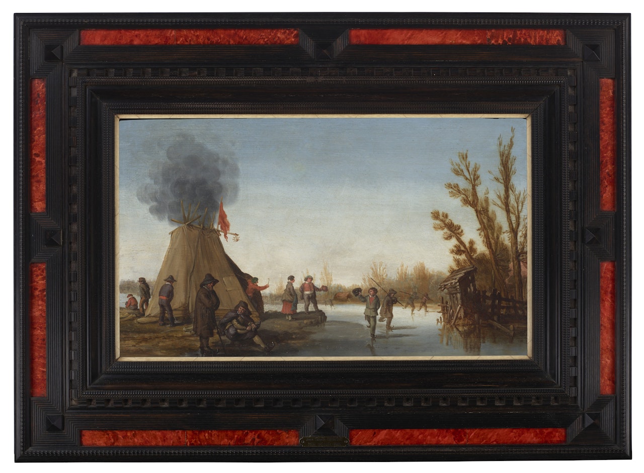 Skaters on a frozen canal with a koek-en-zopie tent by Joost Cornelisz Droochsloot