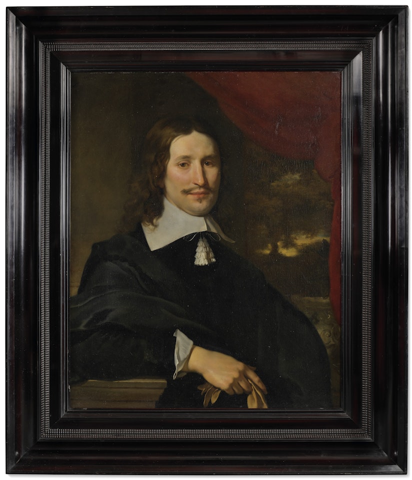 Portrait of a gentleman holding gloves, half-length, before a landscape by Abraham van den Tempel
