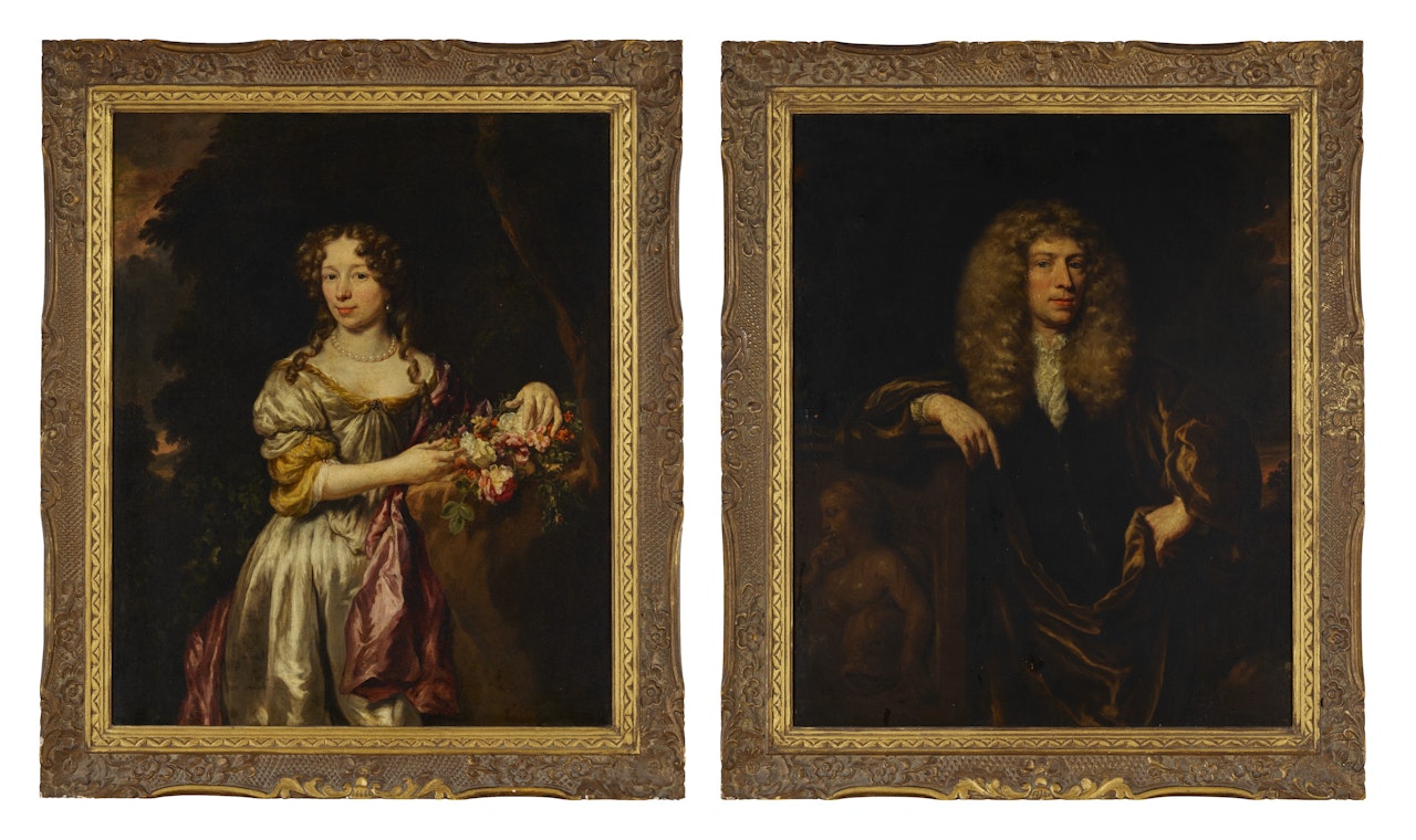 Portrait of a lady, three-quarter-length, with a bouquet of flowers, in a landscape; and Portrait of a gentleman, three-quarter-length, leaning on a relief, in a landscape by Nicolaes Maes