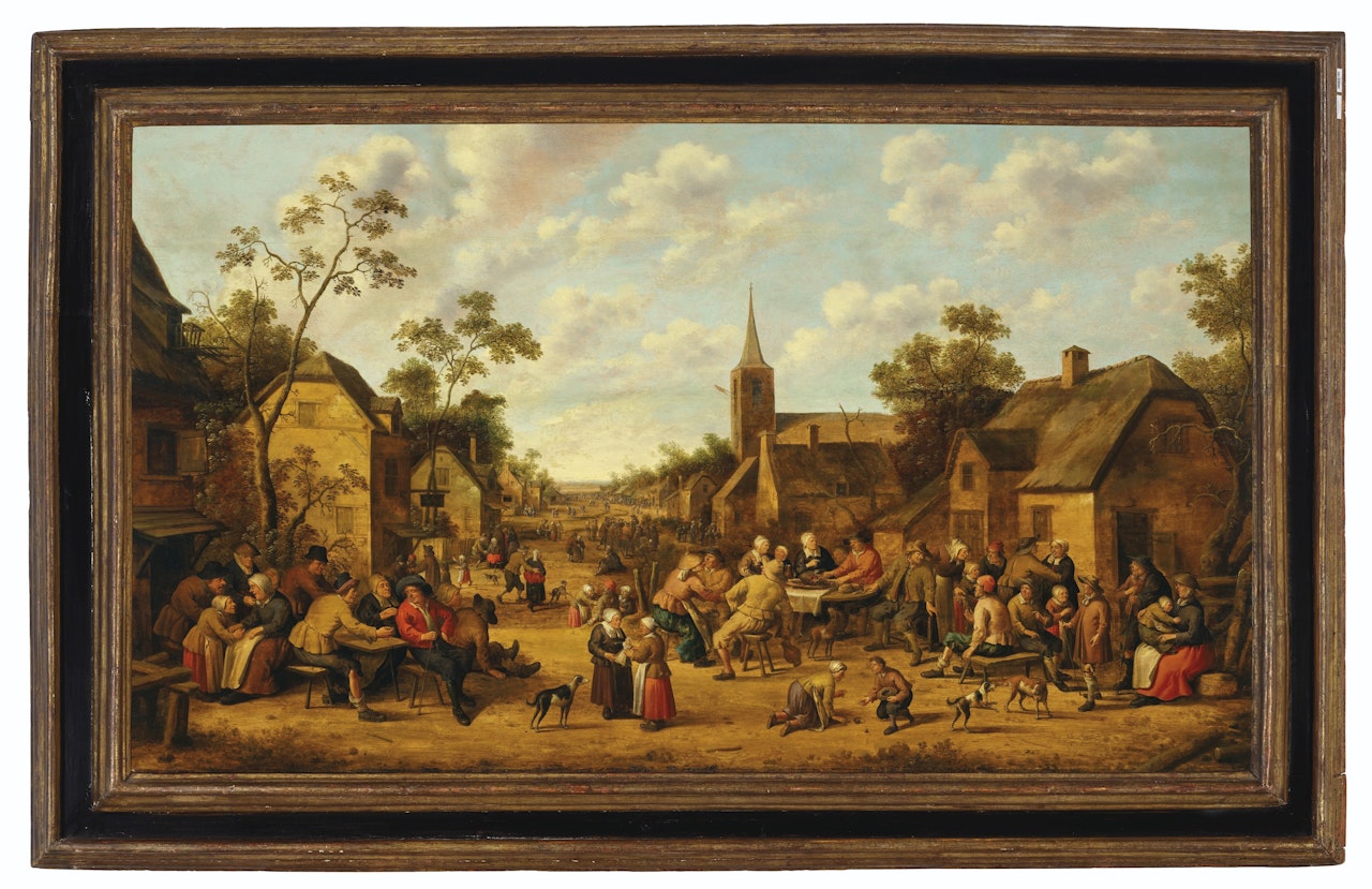 A village scene with peasants feasting and conversing by Joost Cornelisz Droochsloot