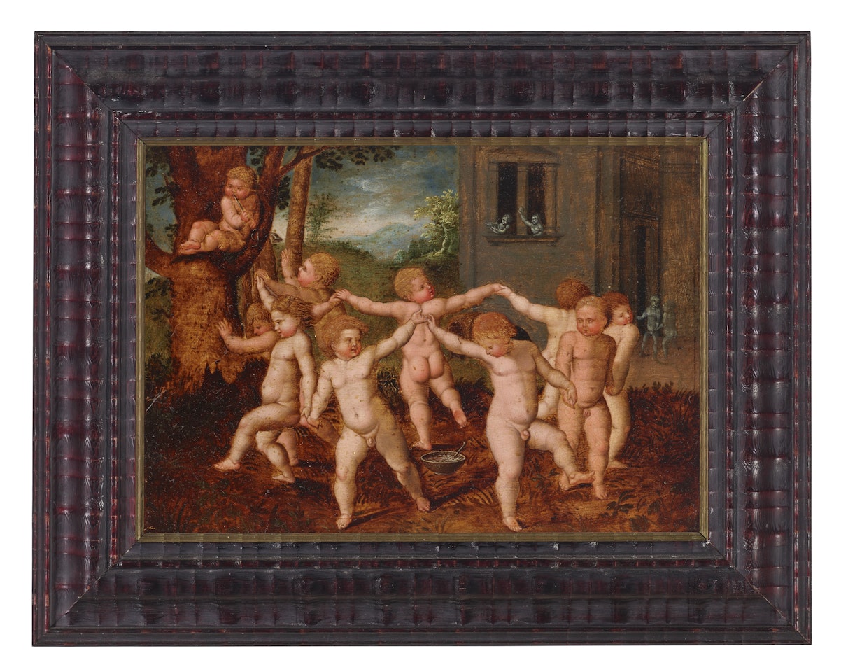 Putti dancing in a landscape, a villa in the background by Flemish School