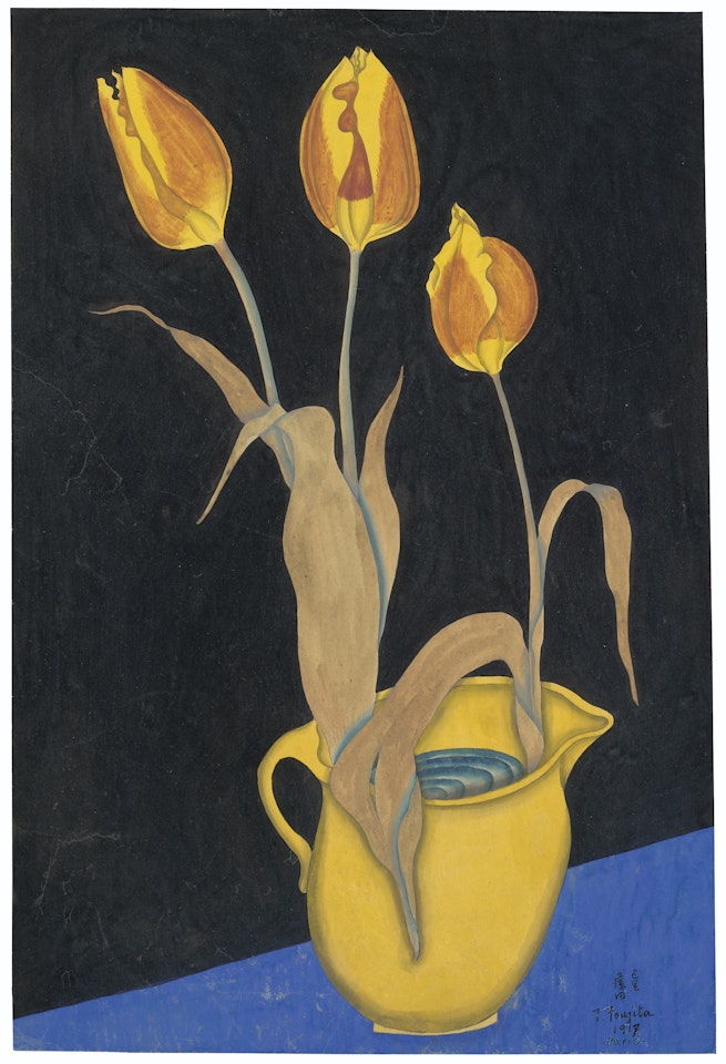 Vase jaune et tulipes oranges by Leonard Tsuguharu Foujita