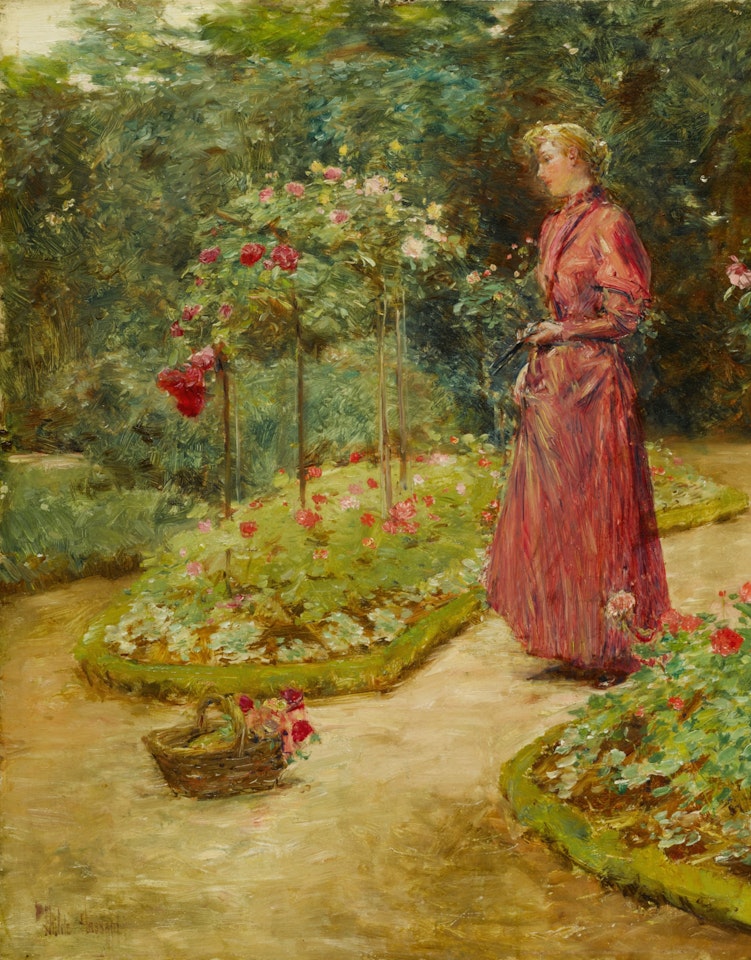Woman Cutting Roses in a Garden by Childe Hassam