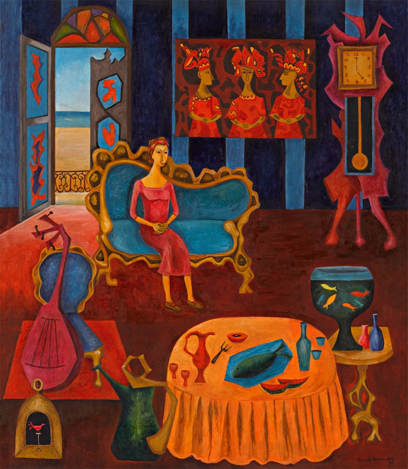 Retrato de Margarita en interior de sala con reloj y mesa by Cundo Bermudez