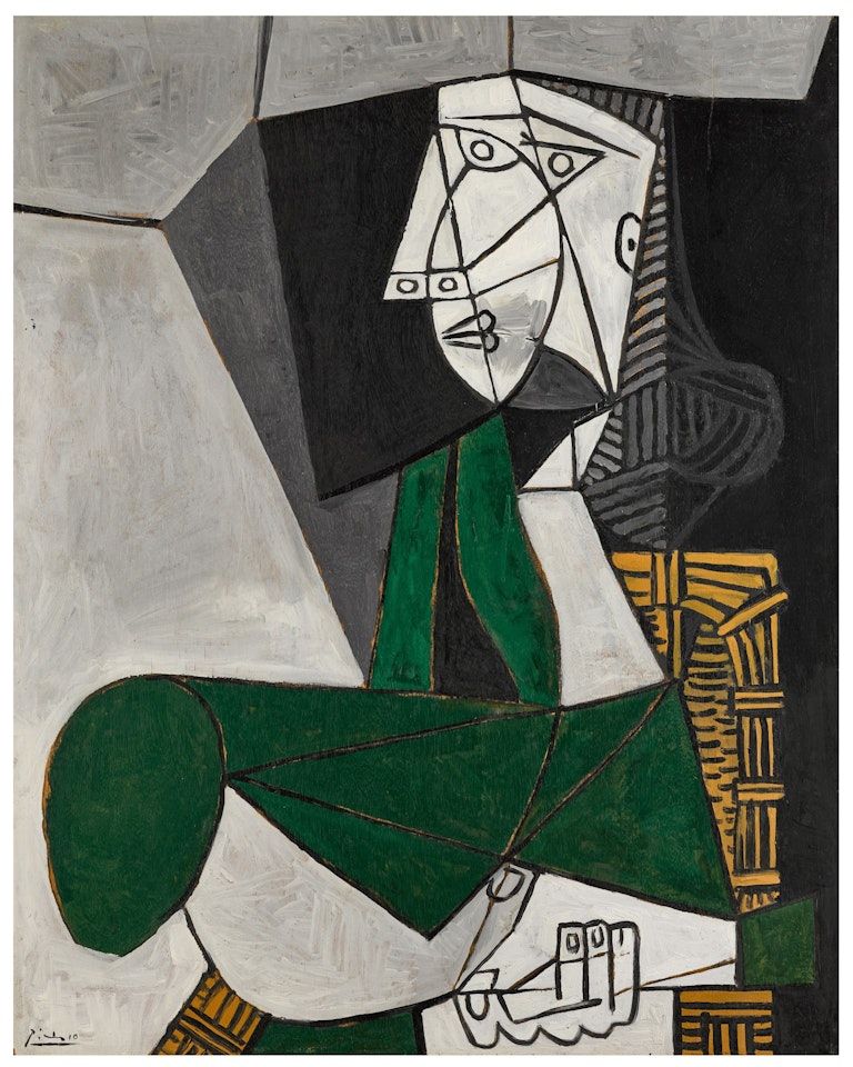 Femme assise en costume vert by Pablo Picasso