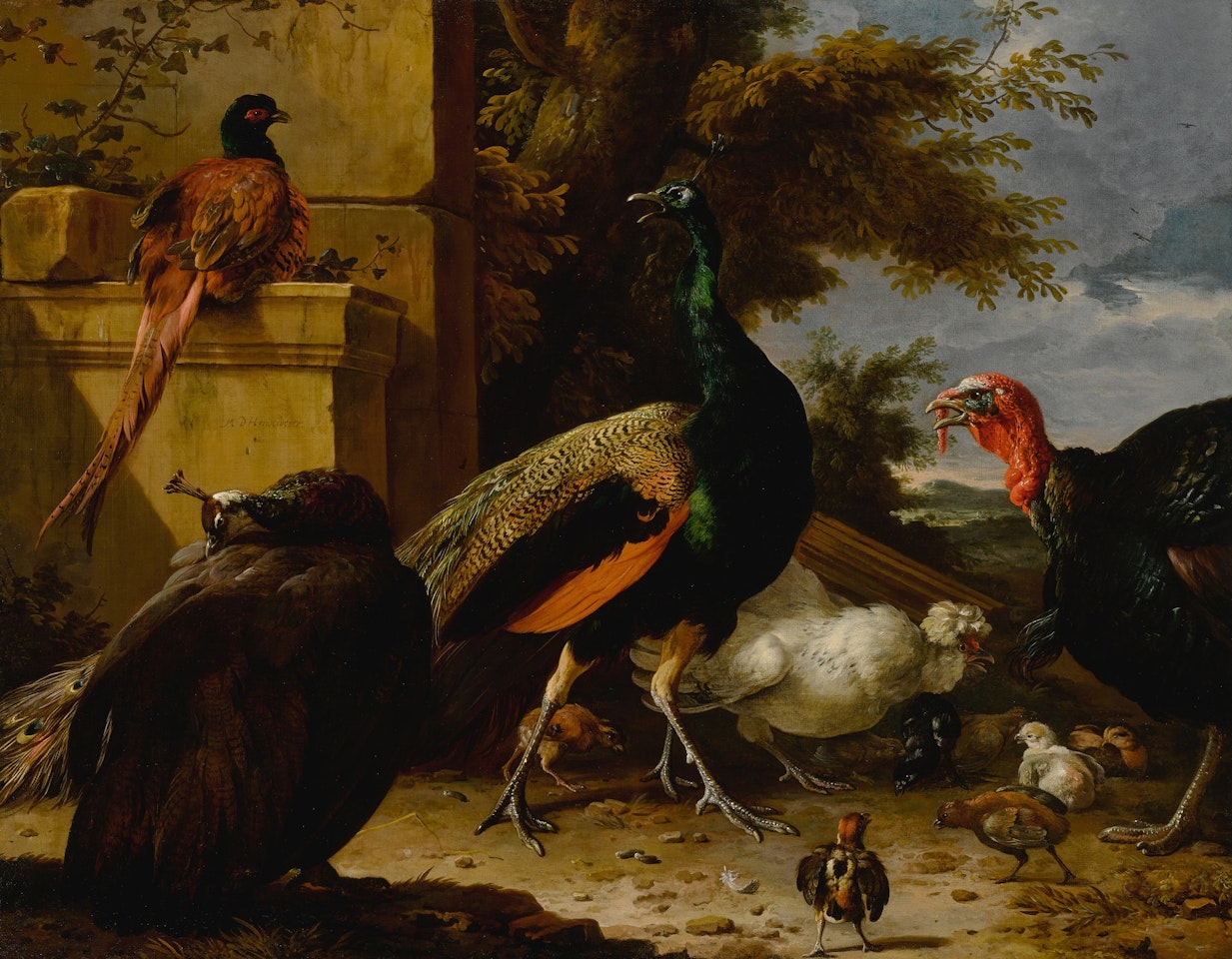 A peacock, pea-hen, pheasant, turkey, cockerel and chick by a wall, a landscape beyond by Melchior de Hondecoeter
