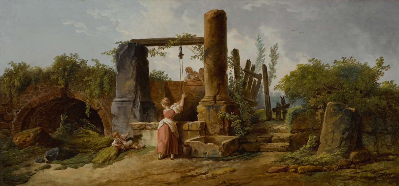 A peasant woman at a well by Hubert Robert