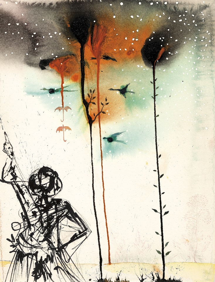 Figure noire d'arabe, arbres parapluies et faisans by Salvador Dali