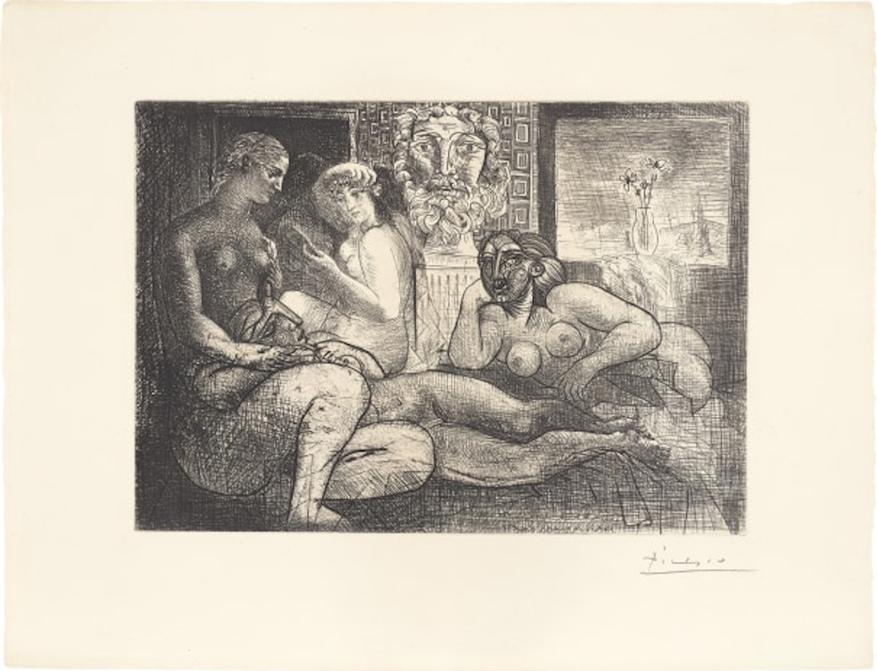 Quatre femmes nues et tête sculptée (Four Nude Women and a Carved Head), plate 82 from La Suite Vollard (Bl. 219, Ba. 424) by Pablo Picasso