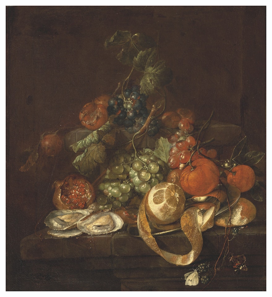 Nature morte aux citrons, huitres, raisins et papillons sur un entablement by Cornelis de Heem