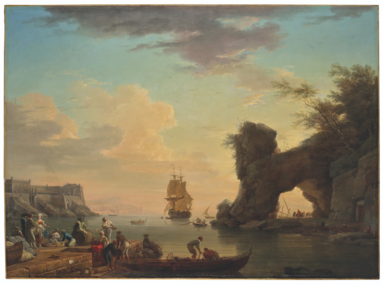 Vue imaginaire d'un port méditerranéen au soleil couchant by Claude Joseph Vernet