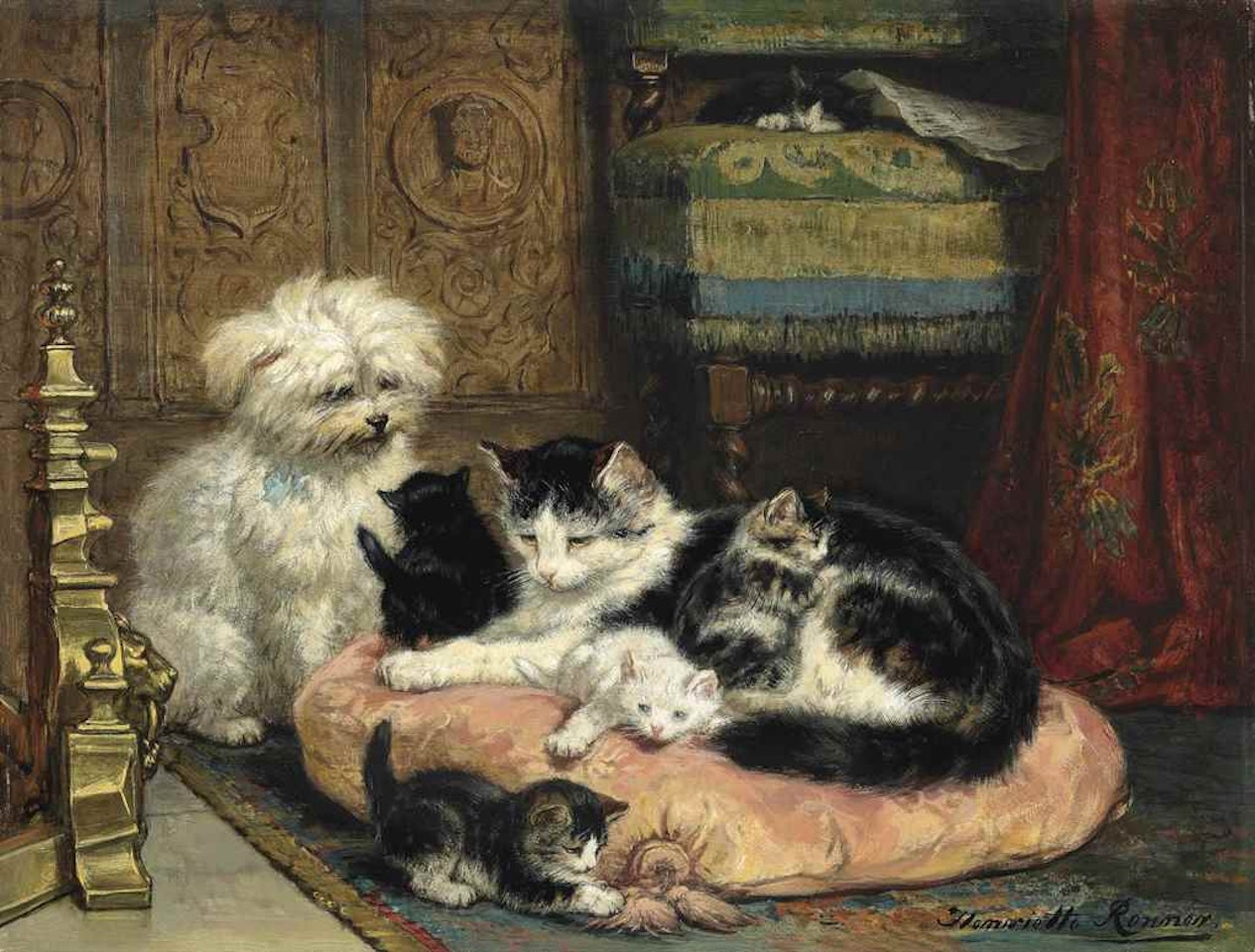 A mother with her playful kittens watched over by a terrier by Henriette Ronner-Knip