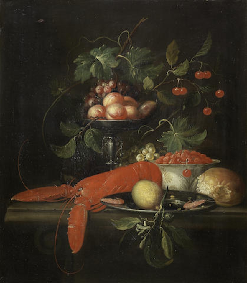 A tazza of peaches and grapes beside a bowl of strawberries and a lobster with a lemon on pewter dish, on a stone table-top by Pseudo Simons