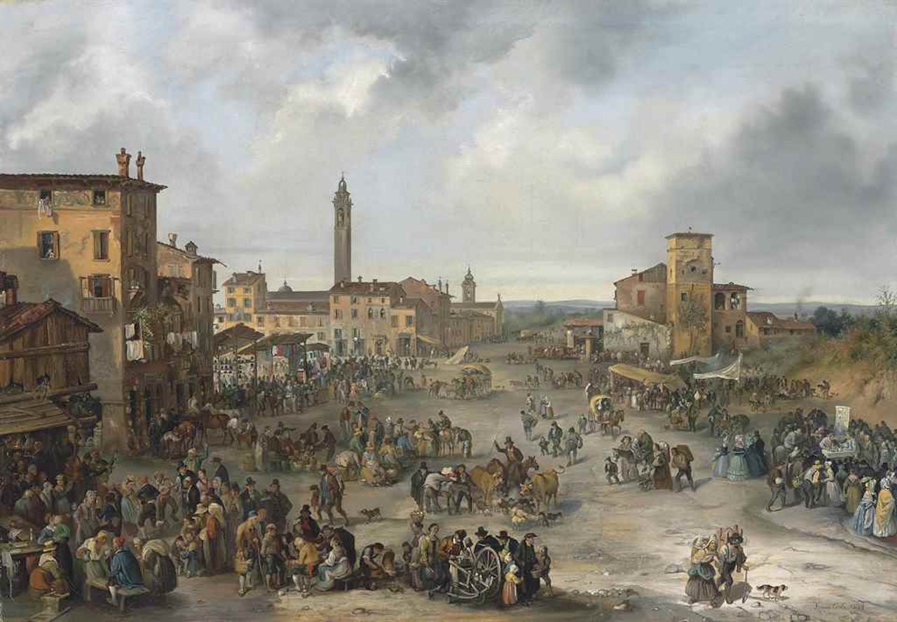 A market scene during the Fair of Sant' Alessandro, Bergamo by Carlo Ferrari