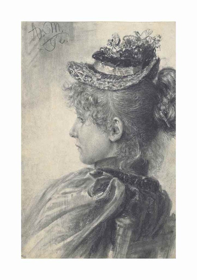 A young woman seated, in profile, bust length, wearing a hat by Adolph Menzel