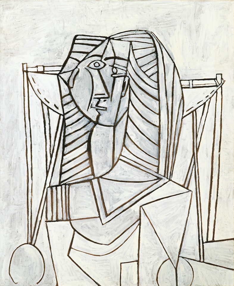 FEMME ASSISE DANS UN FAUTEUIL SUR FOND BLANC by Pablo Picasso