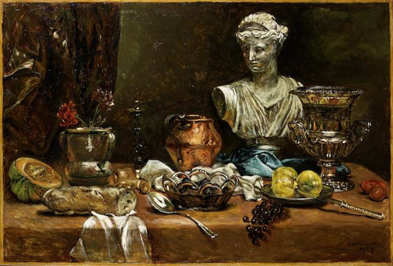 Vita silente di oggetti su tavolo by Giorgio de Chirico