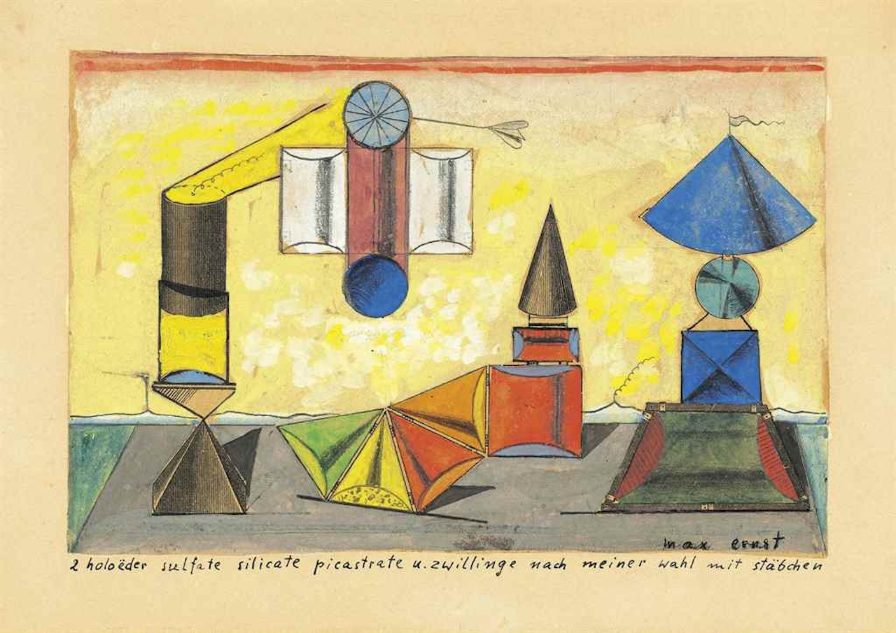 2 holoëder sulfate silicate picastrate u. zwillinge nach meiner wahl mit stäbchen (Two Holohedra Sulfates, Silicates, Picastrates and twins after my choice with chopsticks) by Max Ernst