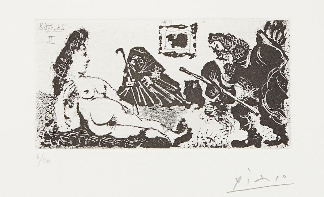 Vieux beau saluant très bas une pupille de la Célestine (Old Man Bowing to Celestine's Pupil), plate 113 from La série 347 by Pablo Picasso