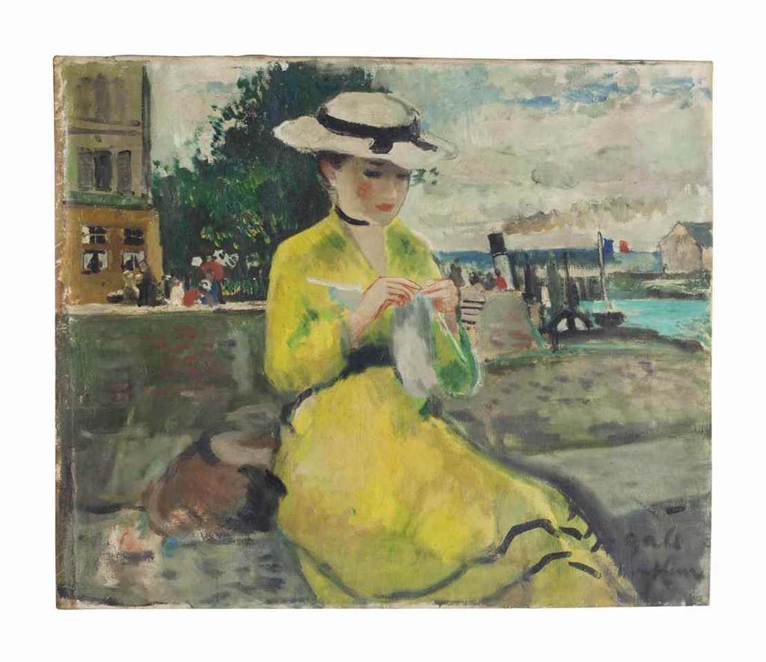 Eugenie à la robe jaune, tricote sur le port de Honfleur. by François Gall