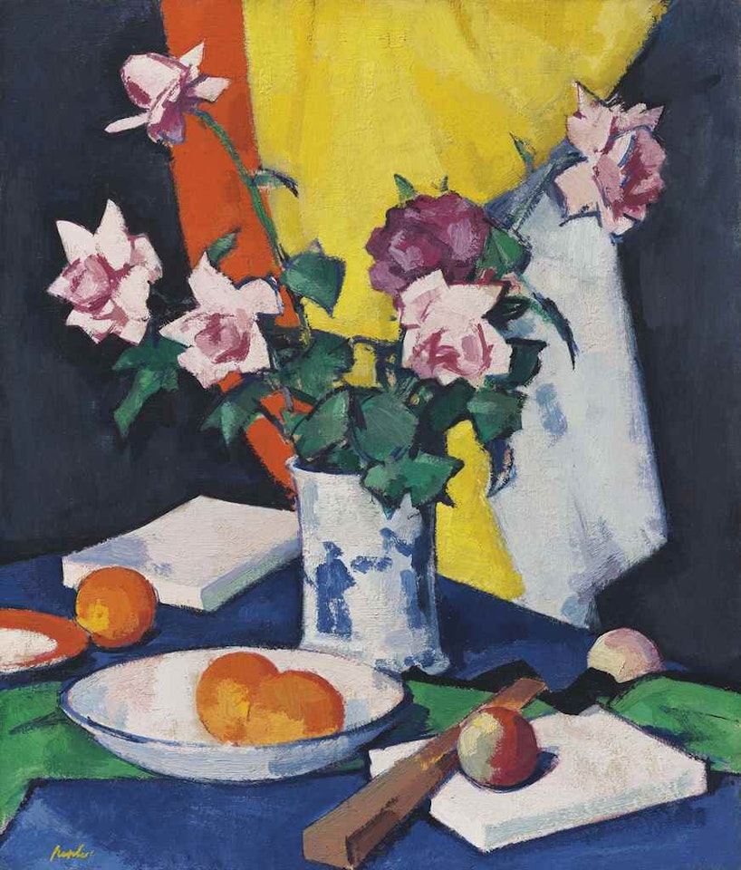 Red and pink roses, oranges and fan by Samuel John Peploe