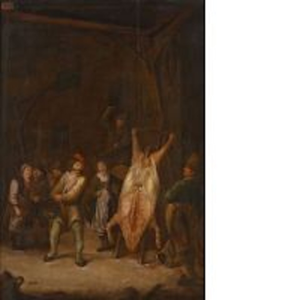 Kitchen interior with cut pork by Jan Miense Molenaer