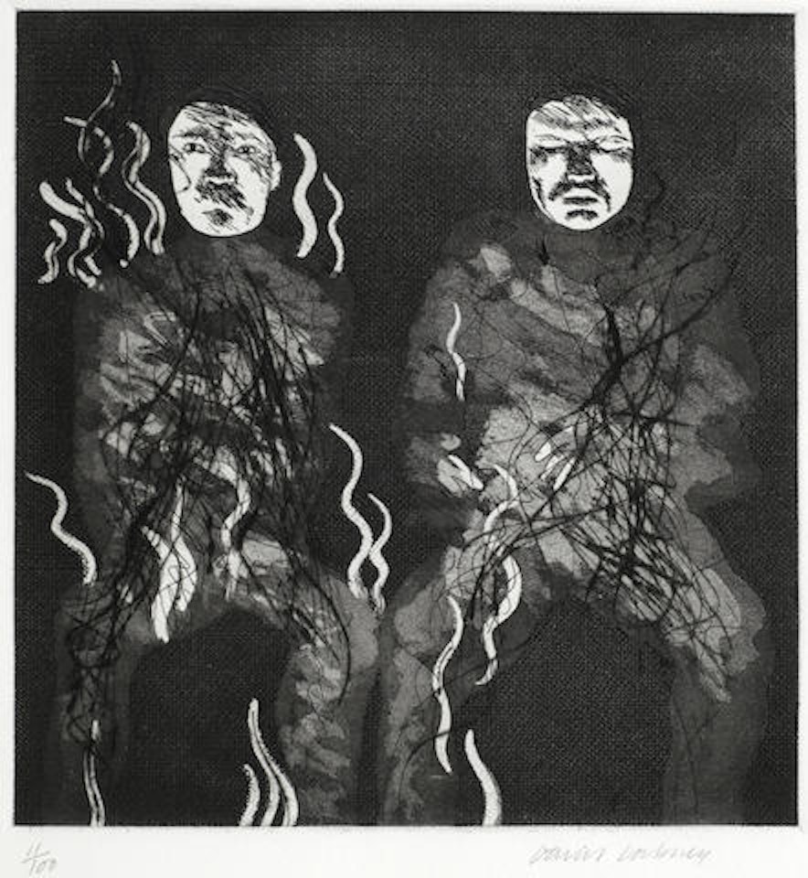Corpses on Fire, from 'Illustrations for Six Fairy Tales from the Brothers Grimm' (MCA Tokyo 88; Scottish Art Council 91) by David Hockney