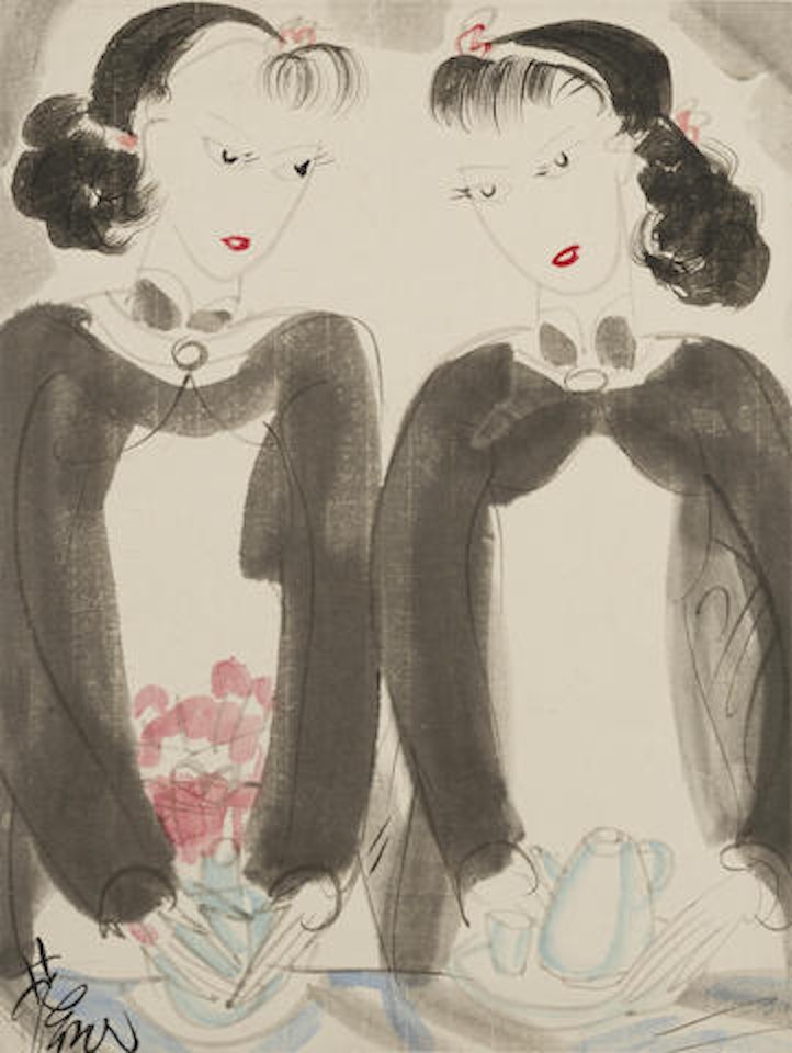 Two Beauties With Red Lips by Lin Fengmian