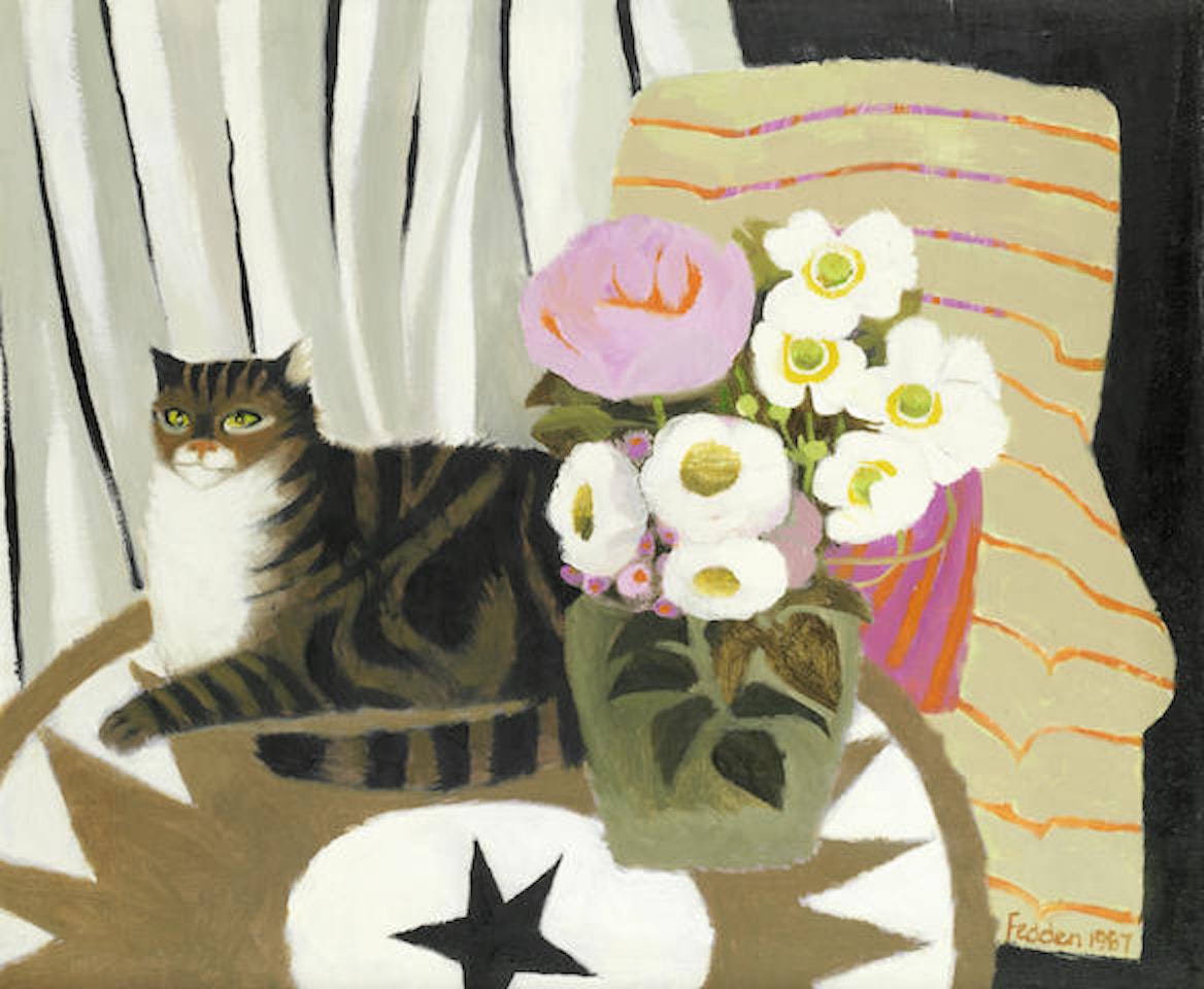 Striped tabby cat with a vase of flowers by Mary Fedden