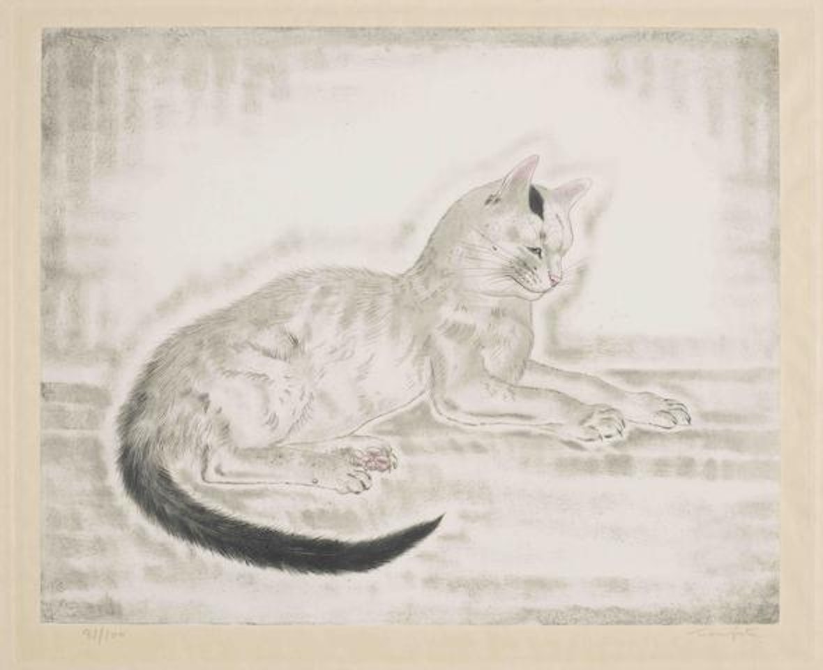 White cat with black tail, from Les Chats unframed by Leonard Tsuguharu Foujita