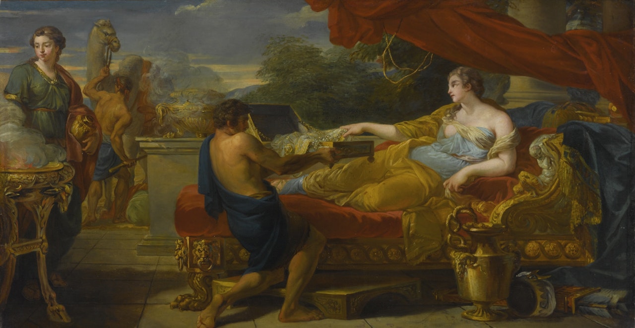 CLASSICAL SCENE WITH A QUEEN BEING OFFERED JEWELRY, POSSIBLY CLEOPATRA by Roman School