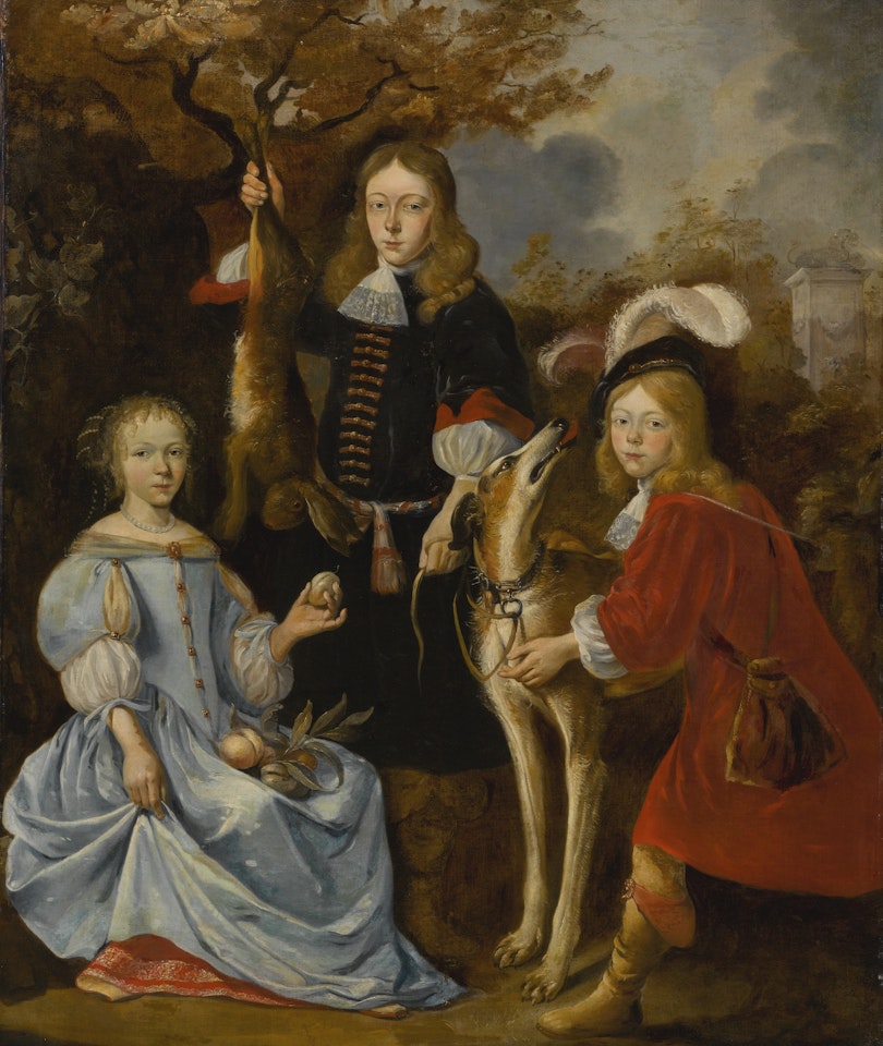 PORTRAIT OF THREE CHILDREN, FULL-LENGTH, IN A LANDSCAPE WITH A GREYHOUND by Dutch School