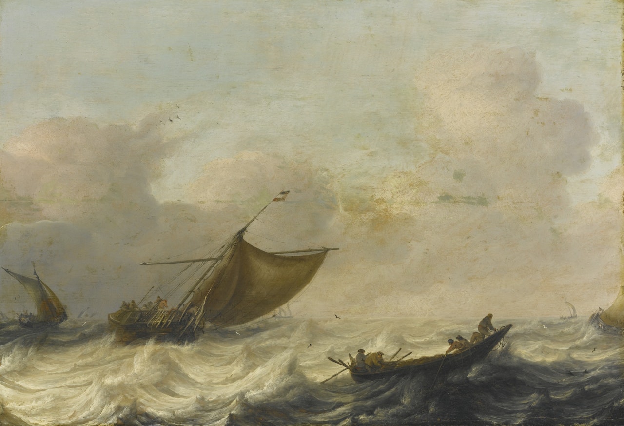 FISHING AND ROWING BOATS AMONG CHOPPY WATERS by Pieter Mulier II