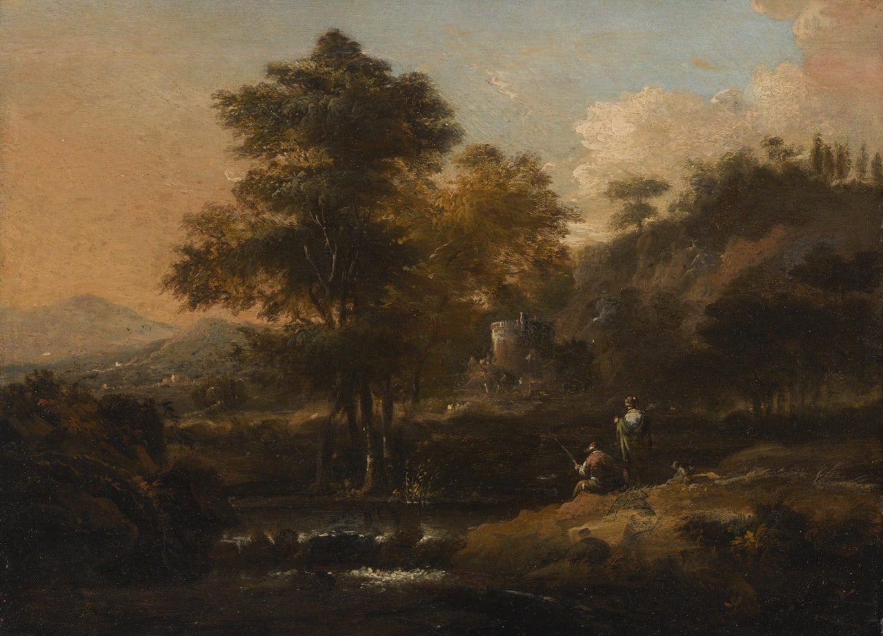 A RIVER LANDSCAPE WITH FIGURES ON THE BANK AND MOUNTAINS BEYOND by Dutch School