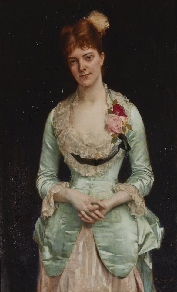 PORTRAIT OF MISS MATTHEWS, IN GREEN SILK SATIN AND LACE GOWN by Alexandre Cabanel