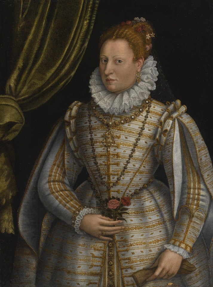 PORTRAIT OF A LADY, THREE-QUARTER LENGTH, DRESSED IN A WHITE AND GOLD EMBROIDERED GOWN, HOLDING A GLOVE IN ONE HAND AND A ROSE AND A PINK IN THE OTHER by Lavinia Fontana