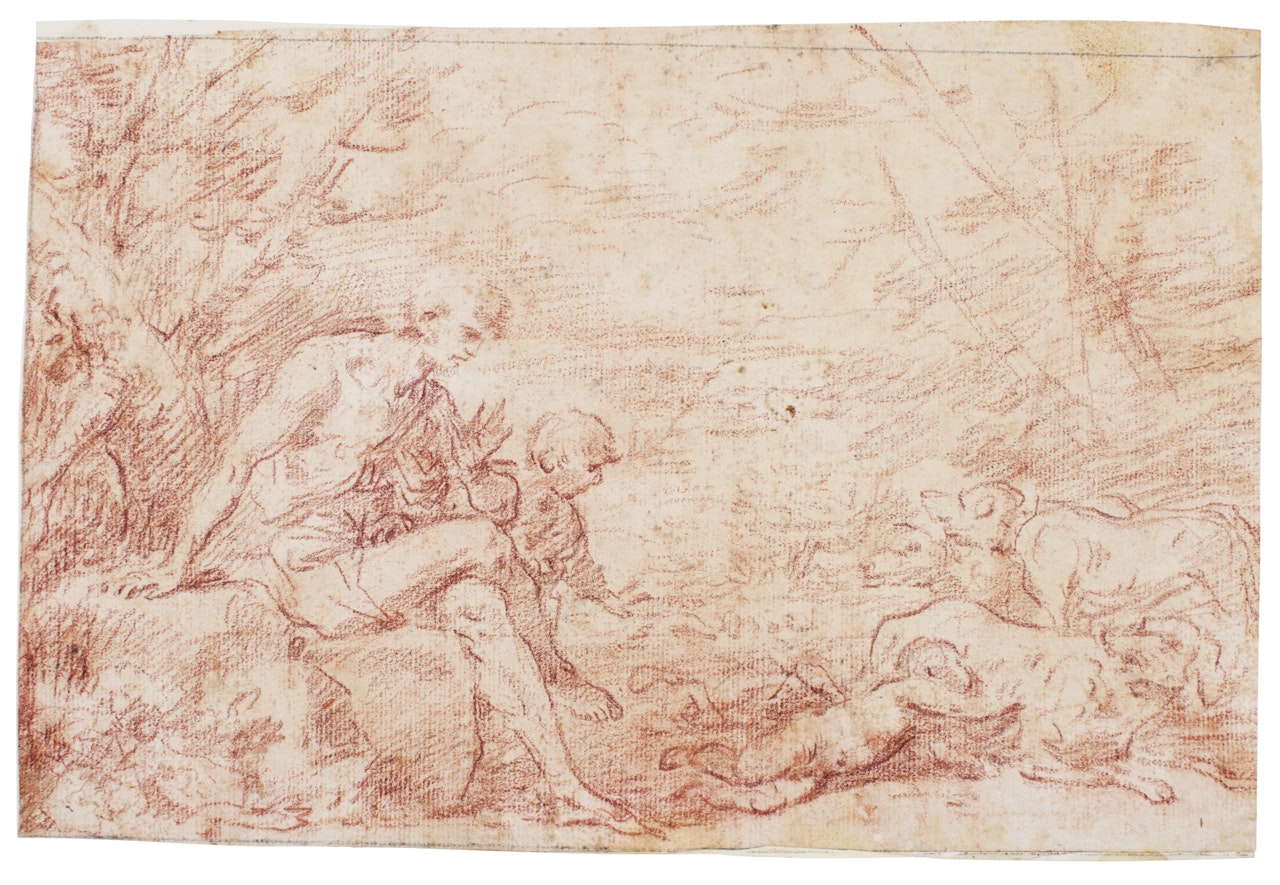 AN ANIMAL NURSING A CHILD WHILE A SECOND CHILD AND A SEATED MAN LOOK ON, POSSIBLY A SCENE FROM THE LIVES OF ROMULUS AND REMUS by Salvator Rosa