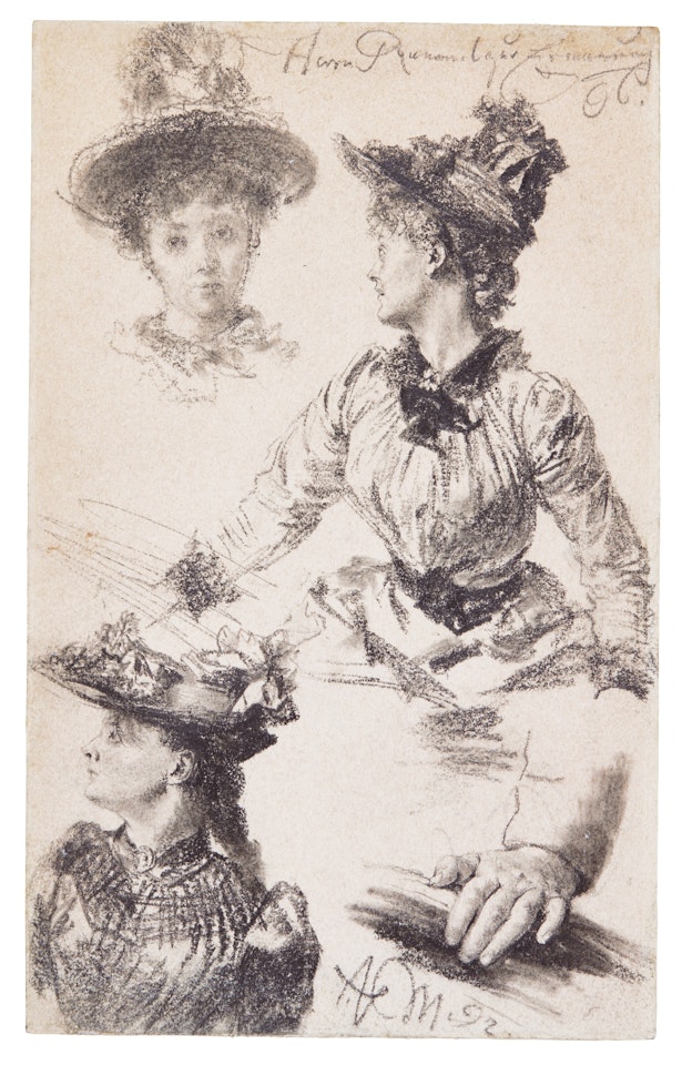 THREE STUDIES OF AN ELEGANT WOMAN AND A LEFT HAND by Adolph Menzel