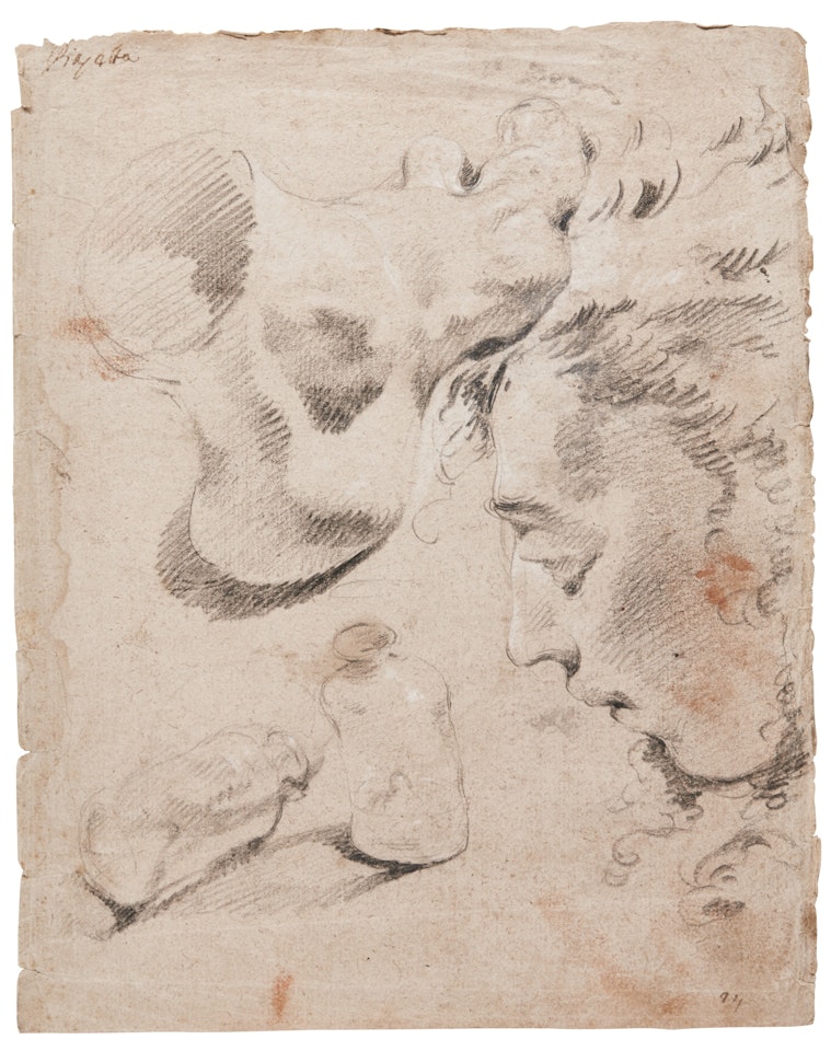 RECTO : A SHEET OF SEVERAL STUDIES: A FOOT, A HEAD OF A YOUTH IN PROFILE, AND TWO BOTTLES VERSO: STUDY OF A RIGHT ARM WITH A CLOSED HAND by Giovanni Battista Tiepolo