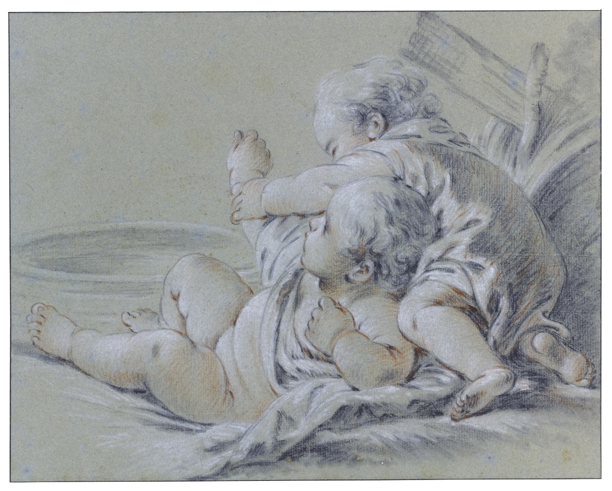 TWO CHILDREN BESIDE A BASIN OF WATER by Francois Boucher